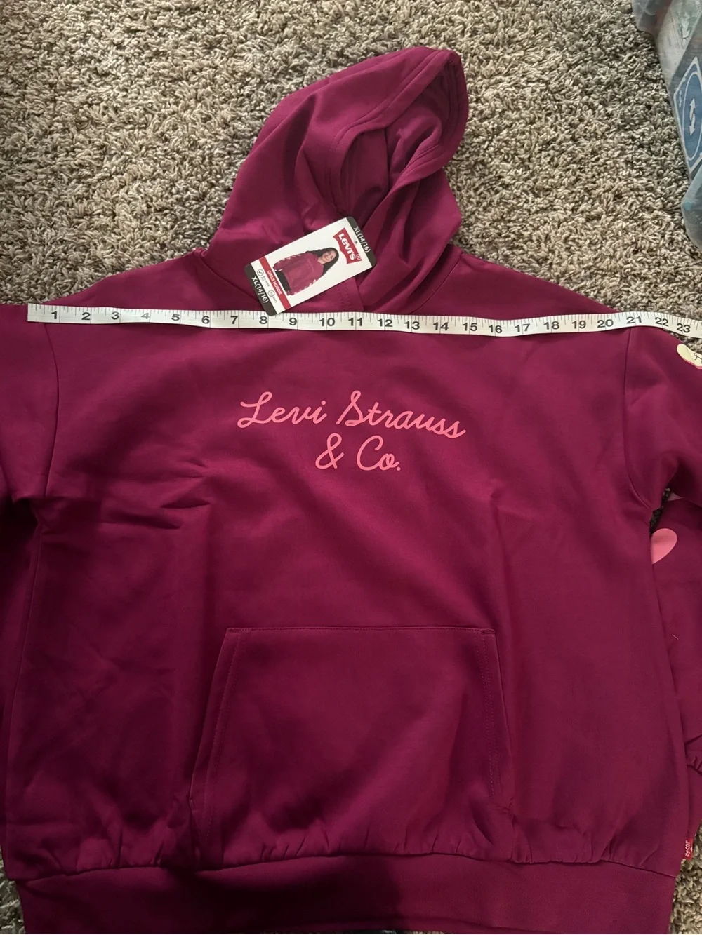 Levi's Girls Burgundy Hoodie with Pink Heart Sleeve Graphics